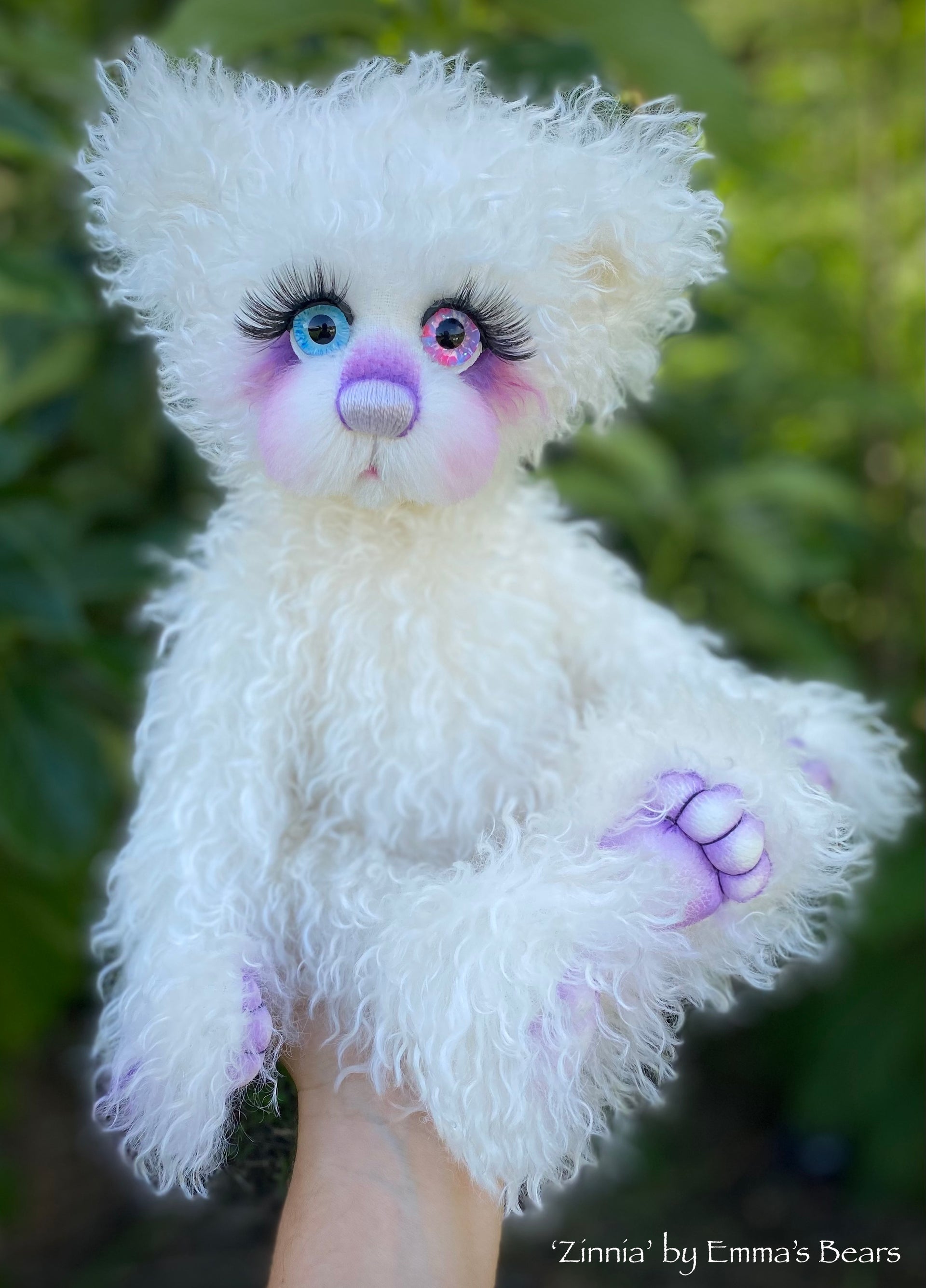 Zinnia - 16" White Curlylocks and Alpaca artist bear by Emma's Bears - OOAK