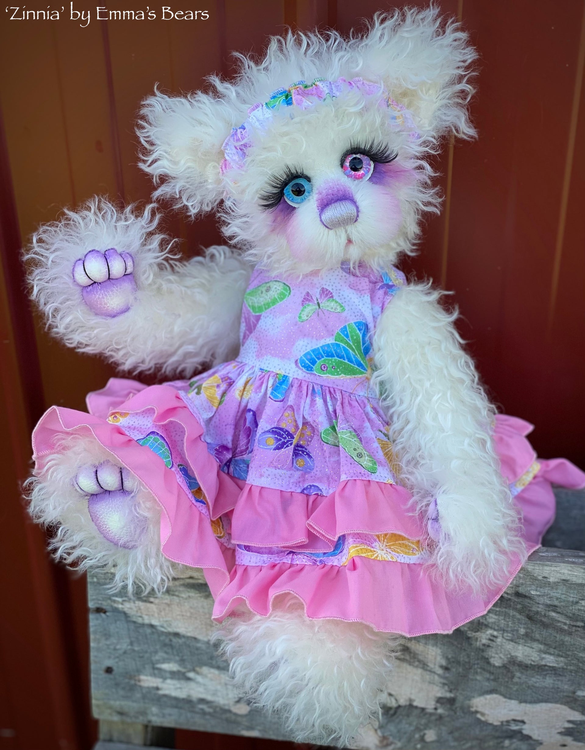 Zinnia - 16" White Curlylocks and Alpaca artist bear by Emma's Bears - OOAK