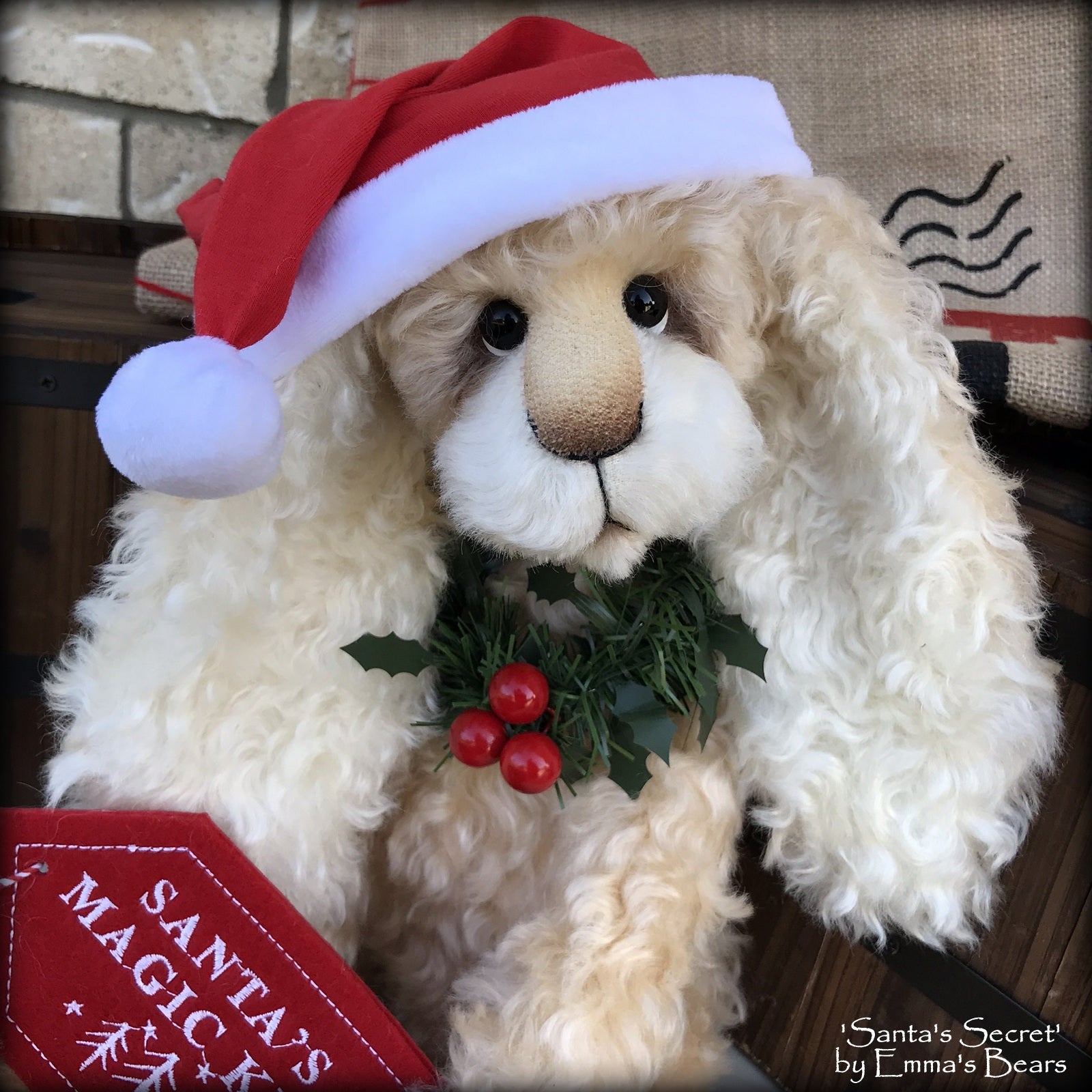 Santa's Secret - 18" lanky mohair Christmas Bunny by Emmas Bears - OOAK