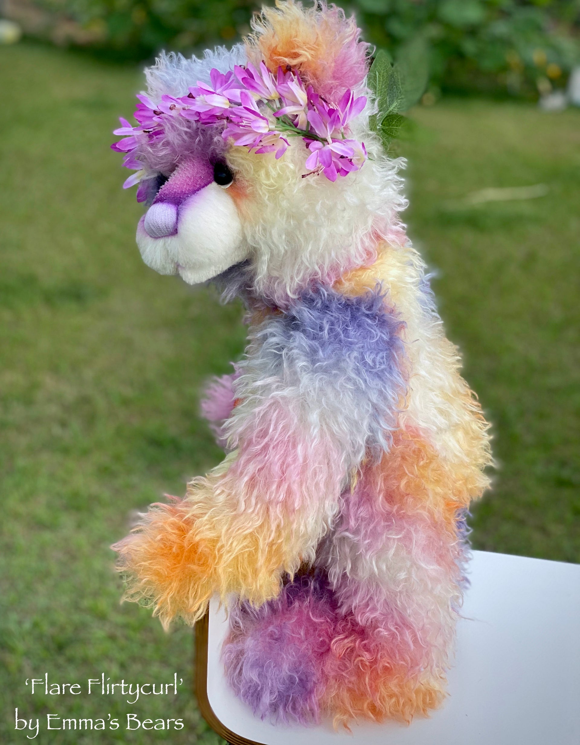Flare Flirtycurl - 23IN hand dyed rainbow mohair bear by Emmas Bears - OOAK