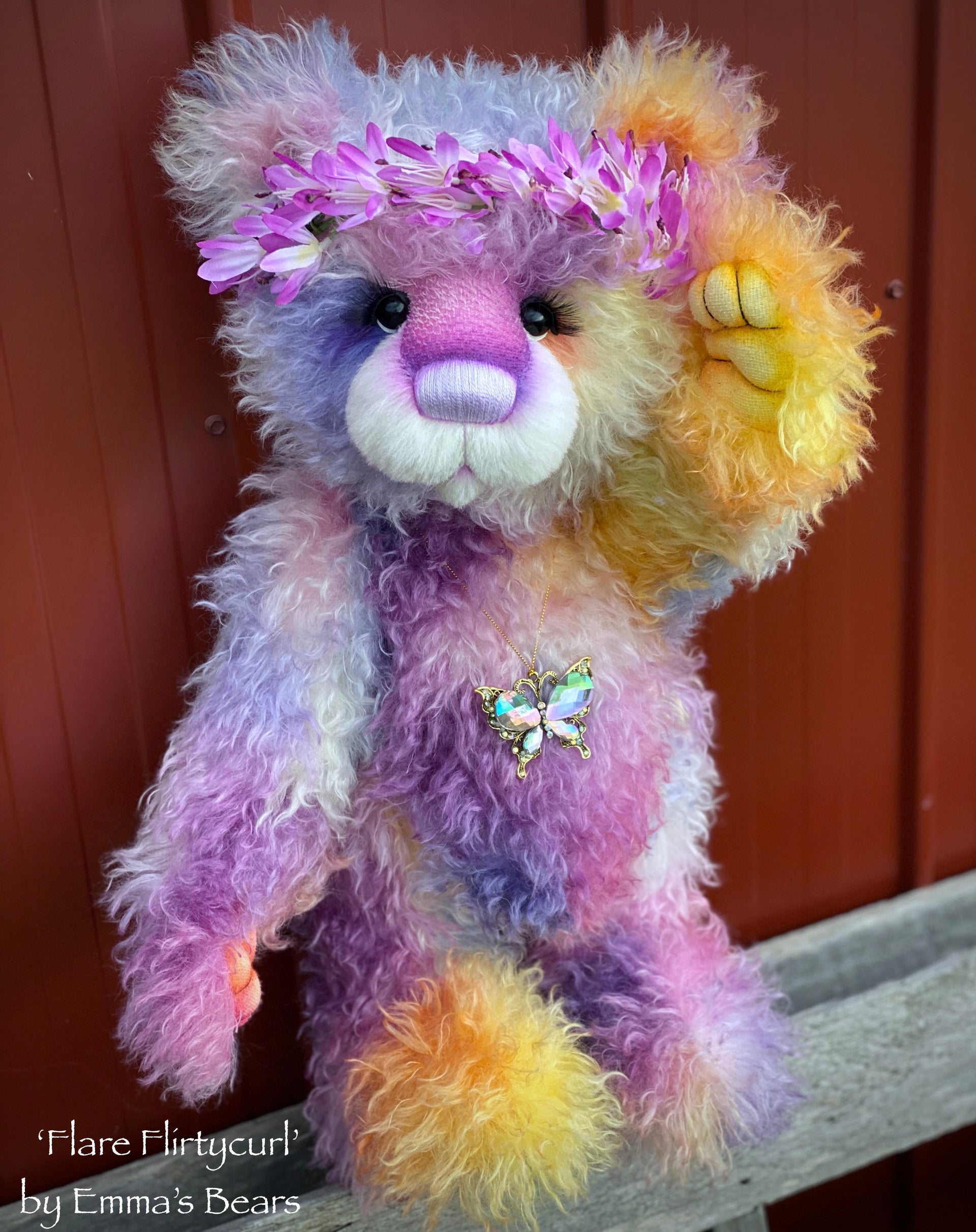 Flare Flirtycurl - 23IN hand dyed rainbow mohair bear by Emmas Bears - OOAK