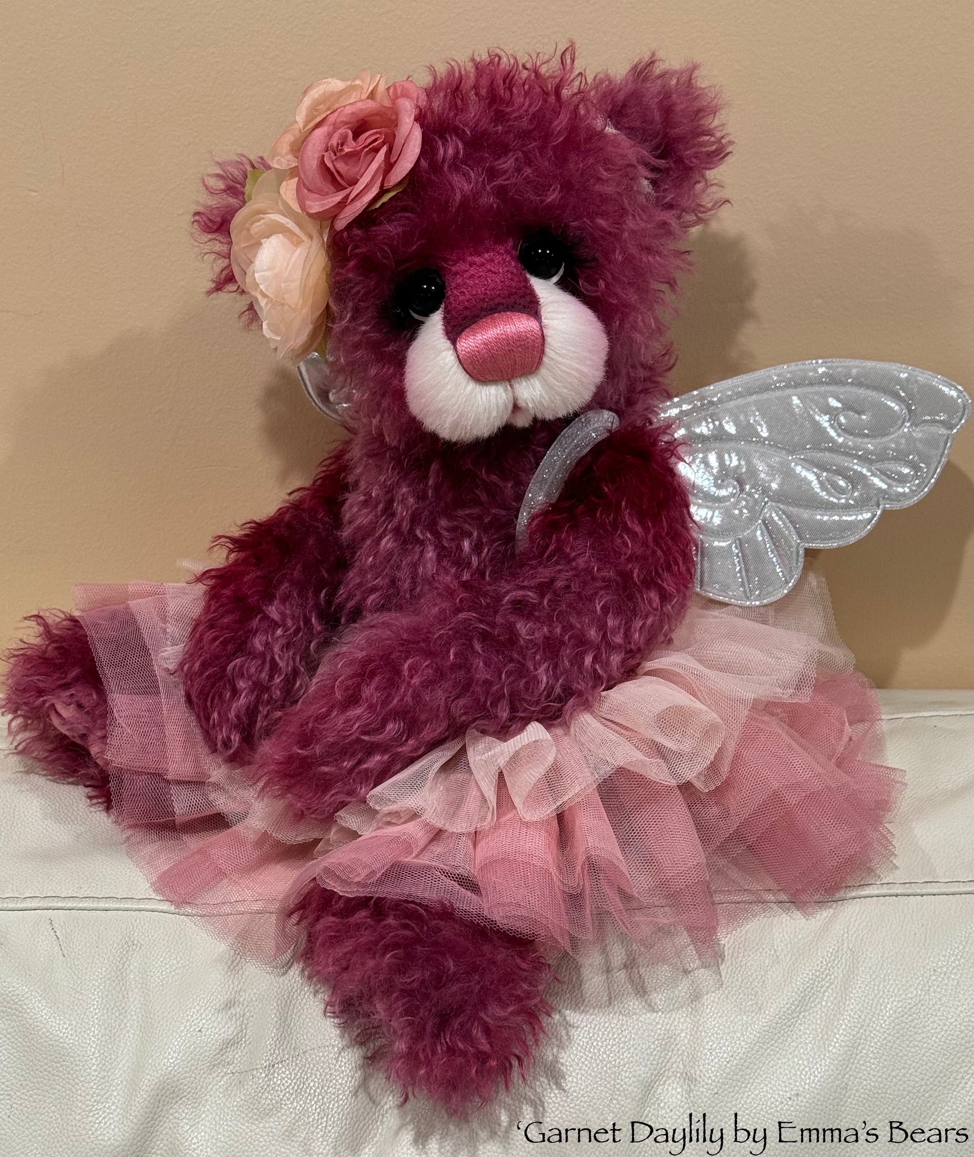 Garnet Daylily - 18" Hand-dyed Curlylocks Mohair Artist Fairy Bear by Emma's Bears - OOAK