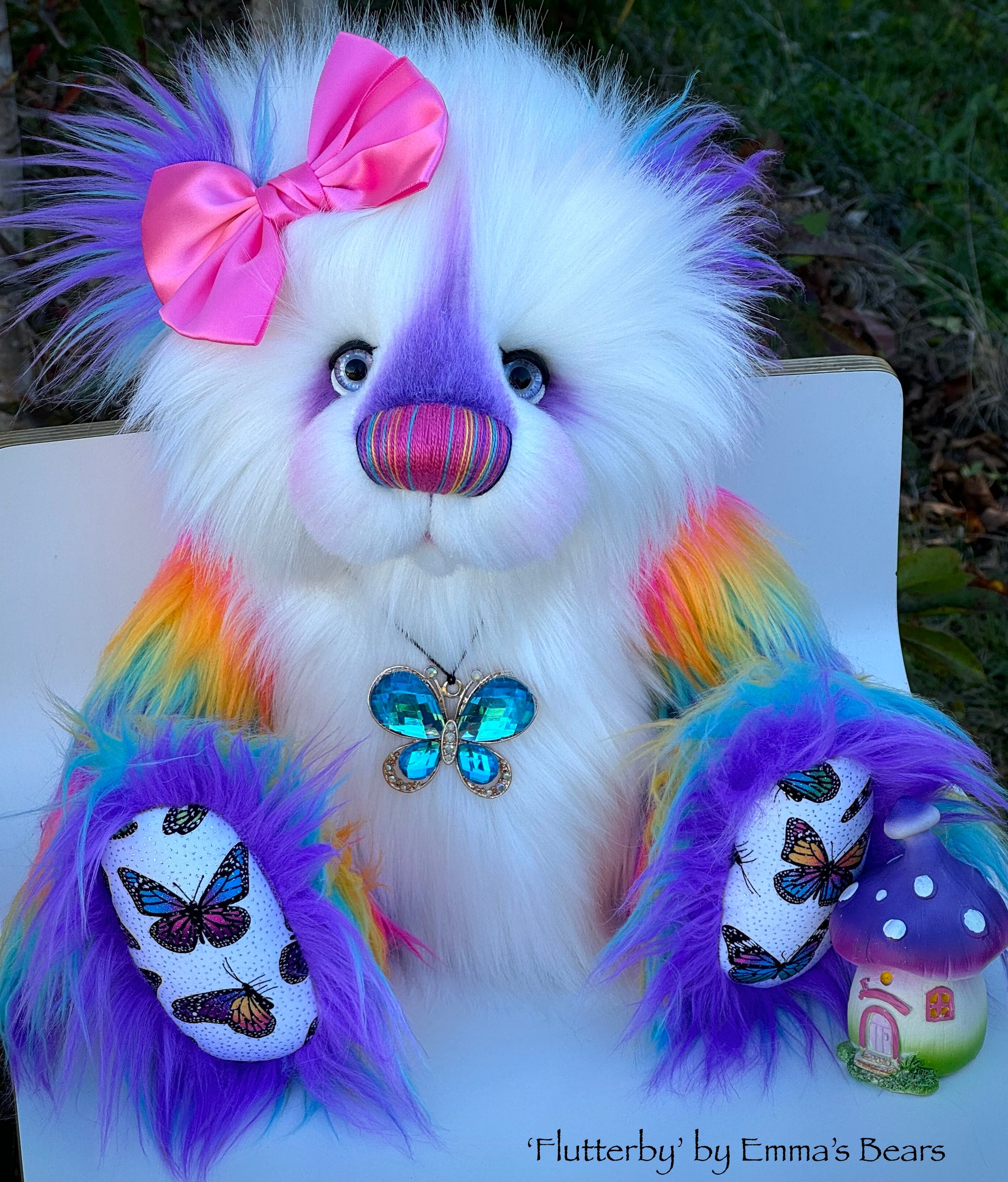 Flutterby - 15" Rainbow Faux Fur Artist Bear by Emmas Bears - OOAK