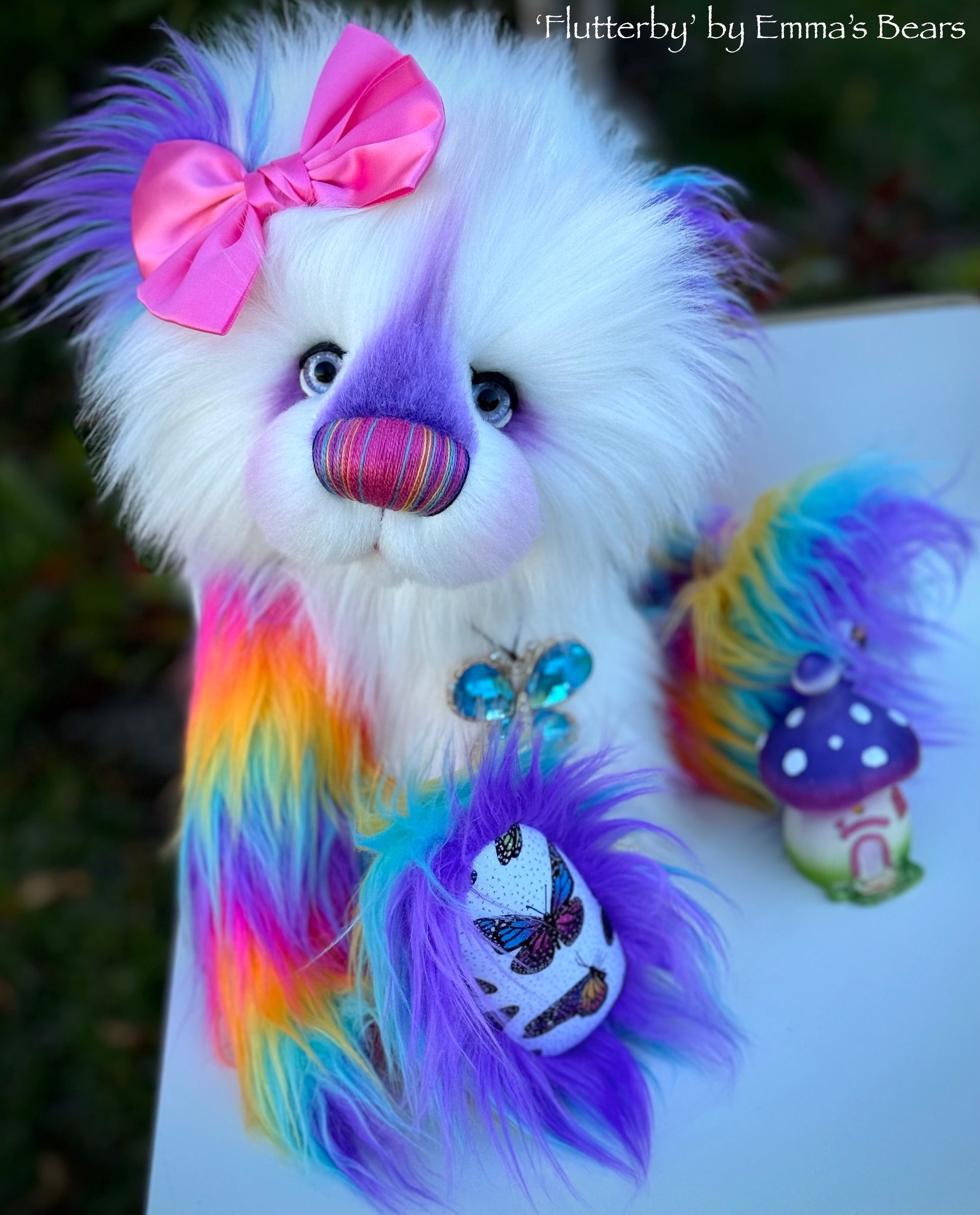 Flutterby - 15" Rainbow Faux Fur Artist Bear by Emmas Bears - OOAK