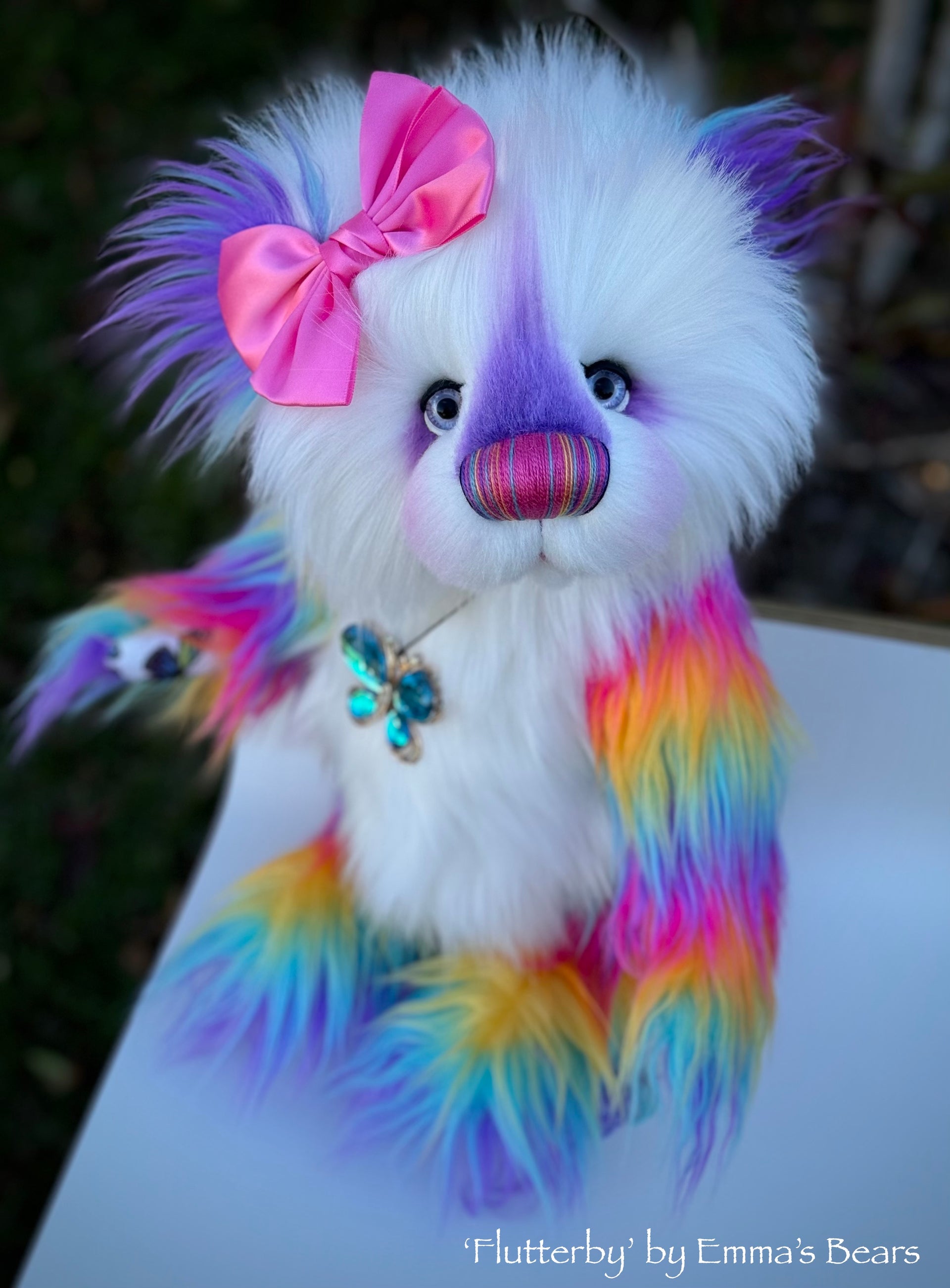 Flutterby - 15" Rainbow Faux Fur Artist Bear by Emmas Bears - OOAK