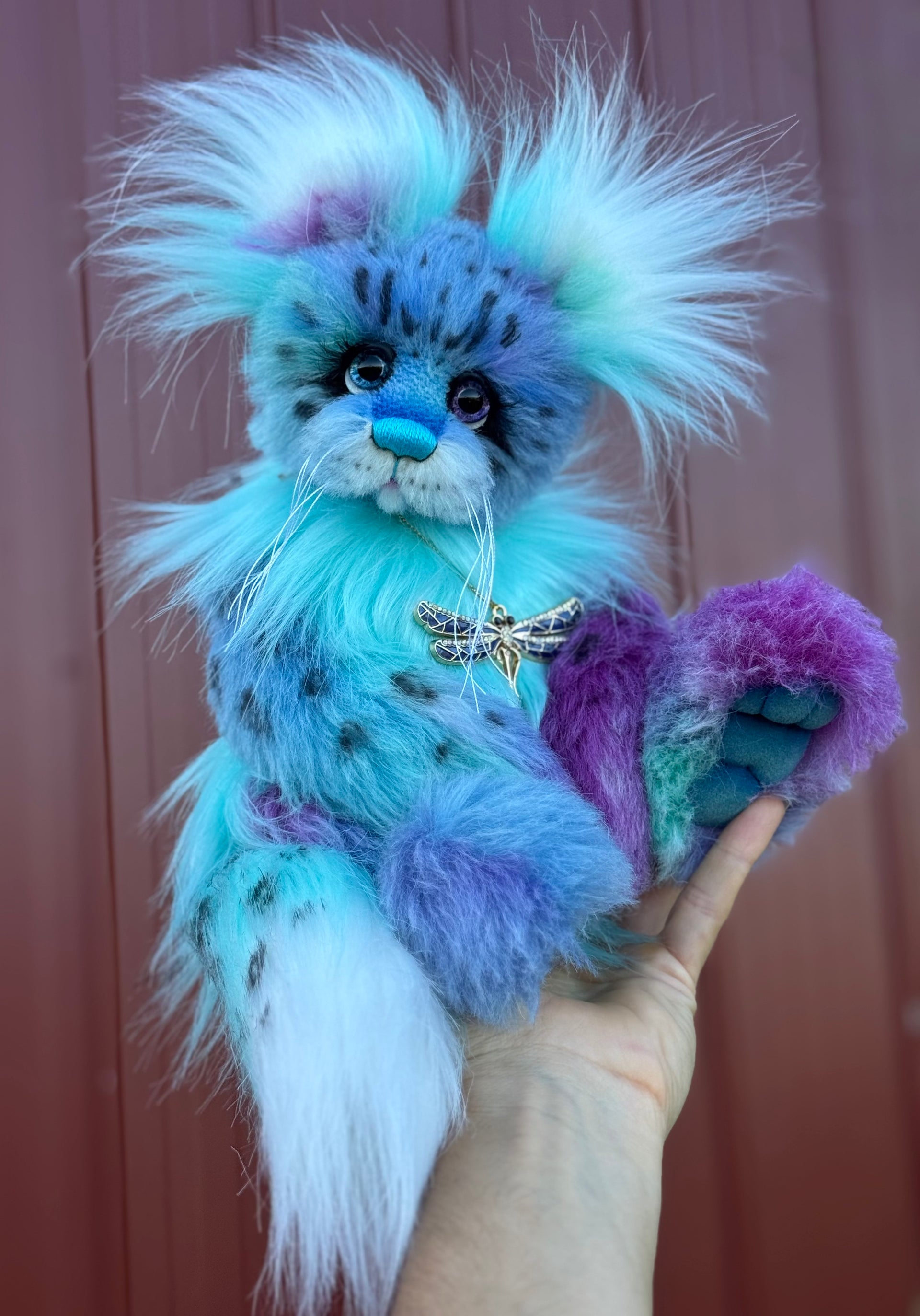 Luna Wisp - 12" hand dyed alpaca and faux fur winged snow leopard fantasy bear by Emmas Bears - OOAK