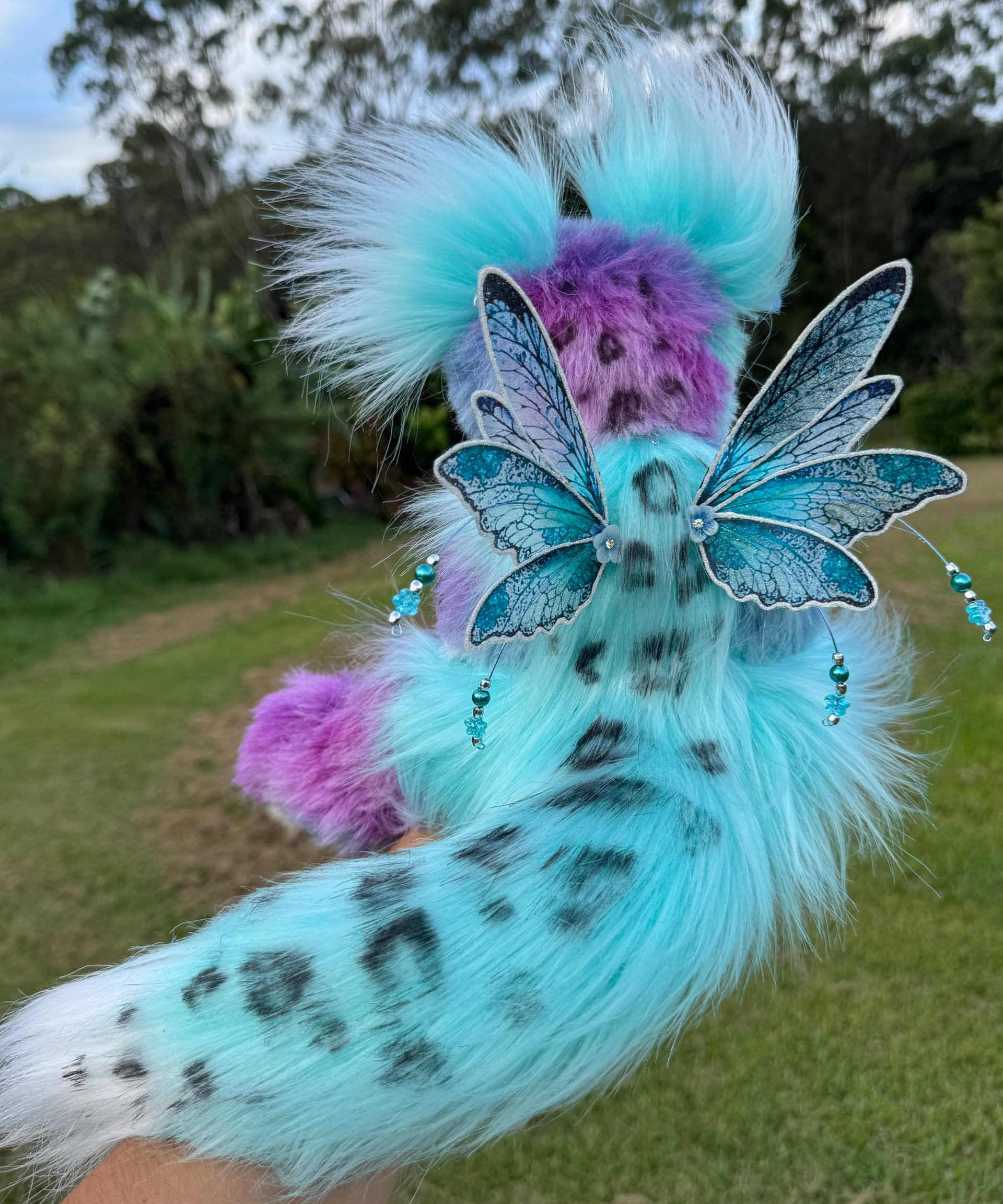 Luna Wisp - 12" hand dyed alpaca and faux fur winged snow leopard fantasy bear by Emmas Bears - OOAK