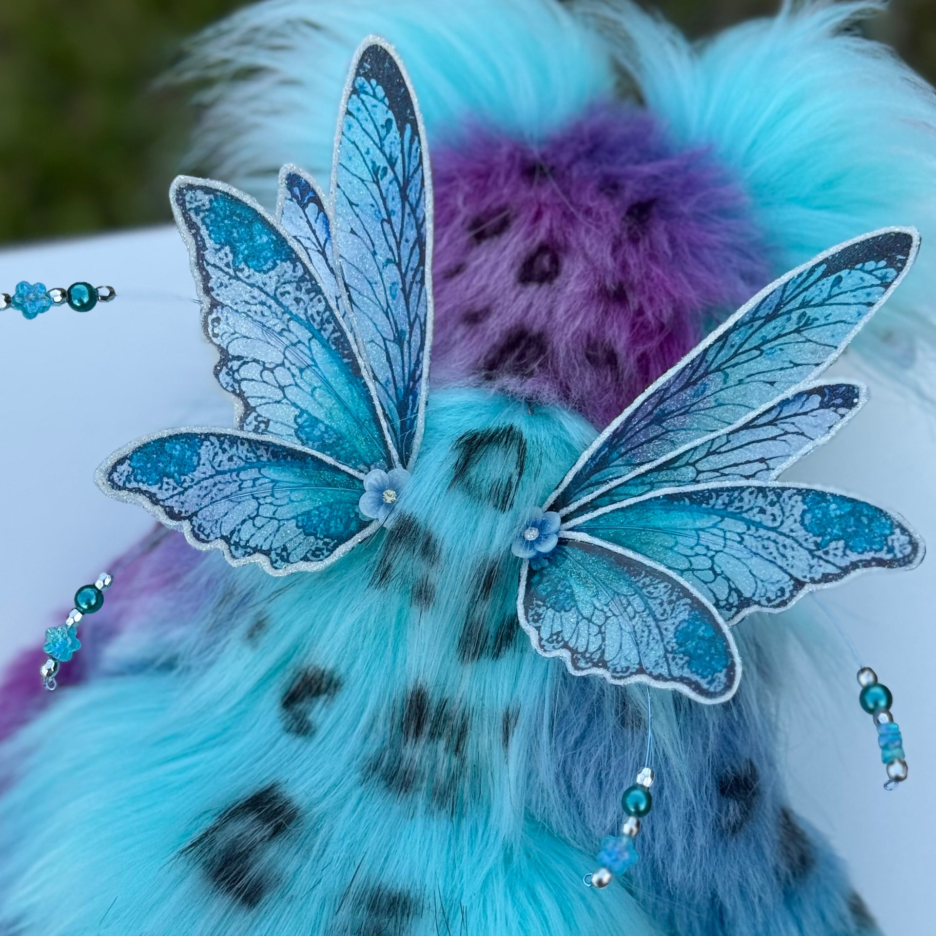 Luna Wisp - 12" hand dyed alpaca and faux fur winged snow leopard fantasy bear by Emmas Bears - OOAK