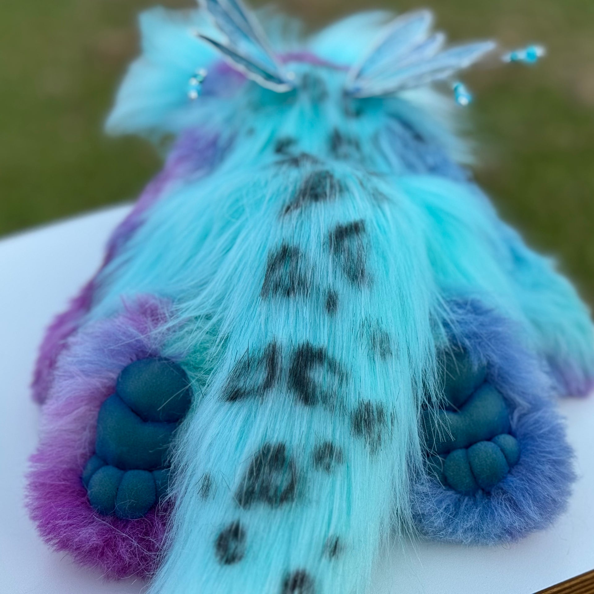 Luna Wisp - 12" hand dyed alpaca and faux fur winged snow leopard fantasy bear by Emmas Bears - OOAK