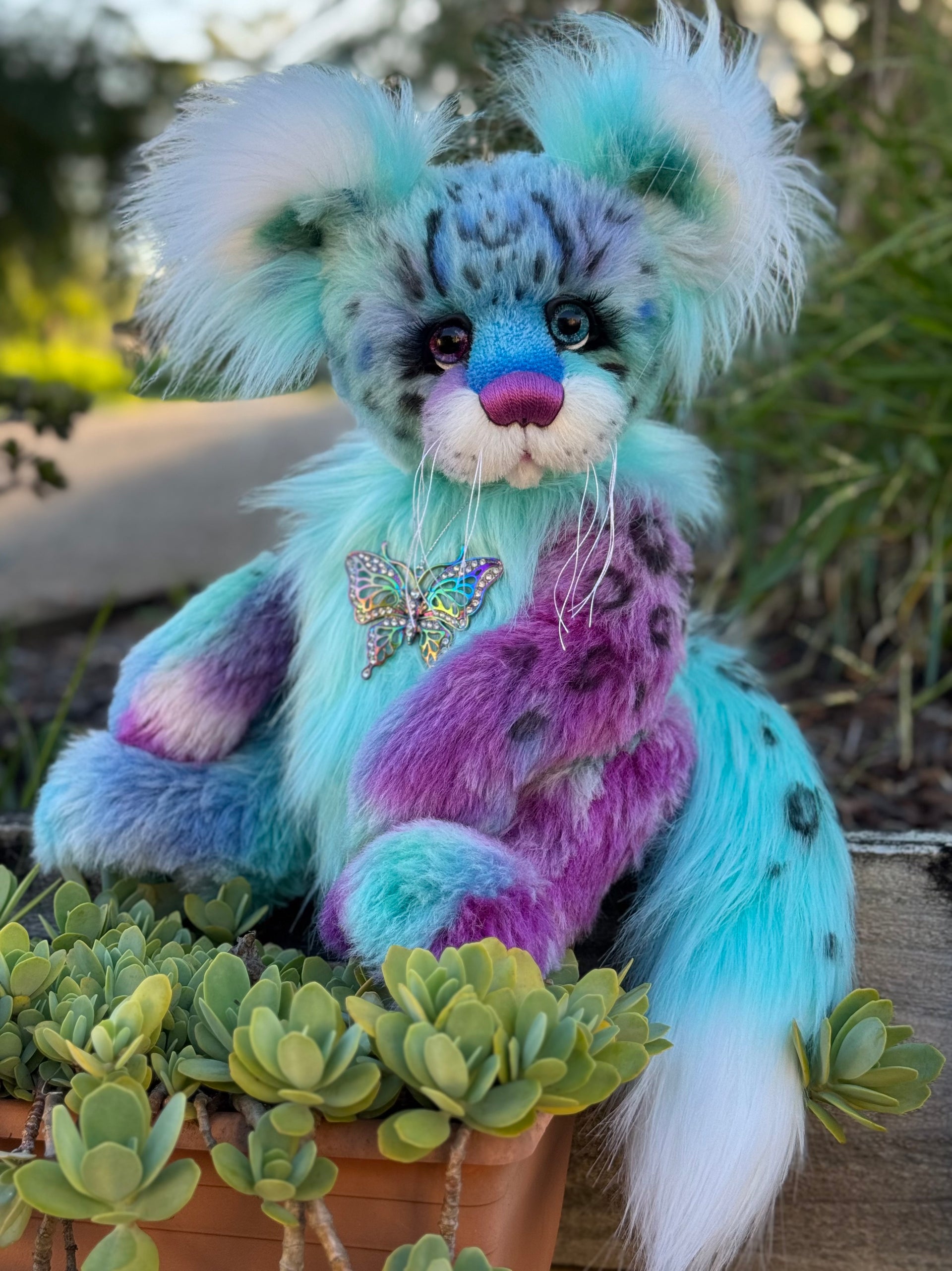 Aurora Papillon - 18" hand dyed alpaca and faux fur snow leopard fantasy bear by Emmas Bears - OOAK