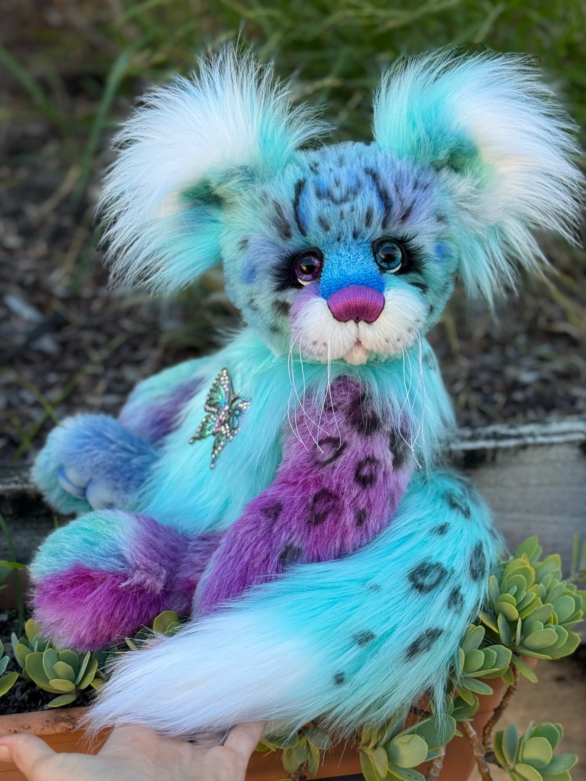 Aurora Papillon - 18" hand dyed alpaca and faux fur snow leopard fantasy bear by Emmas Bears - OOAK