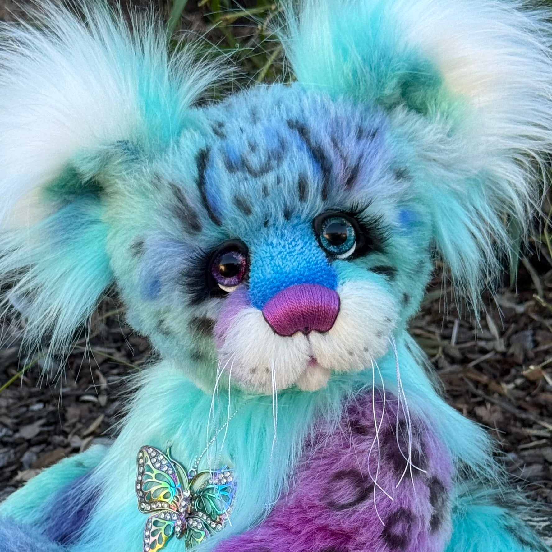 Aurora Papillon - 18" hand dyed alpaca and faux fur snow leopard fantasy bear by Emmas Bears - OOAK