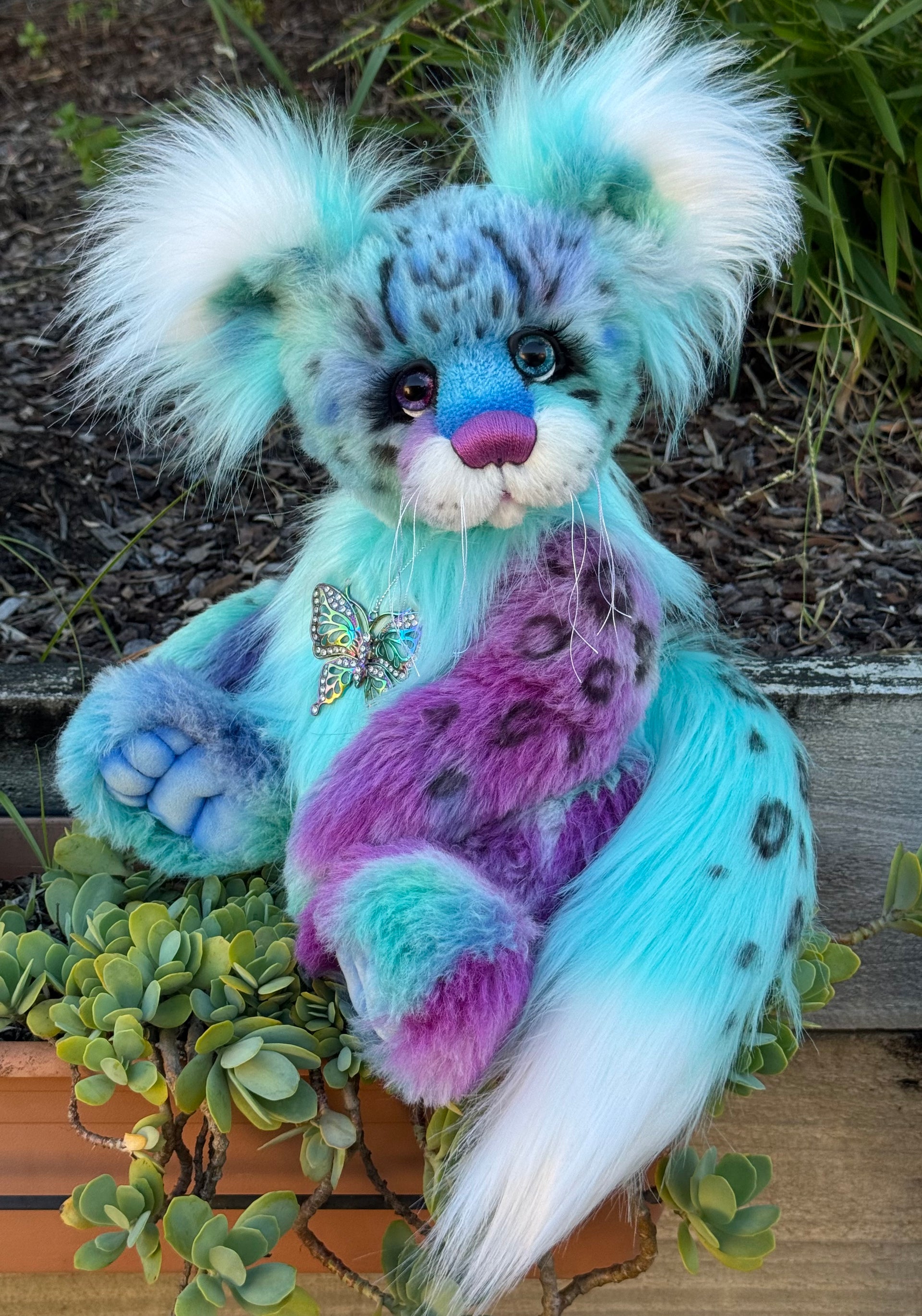 Aurora Papillon - 18" hand dyed alpaca and faux fur snow leopard fantasy bear by Emmas Bears - OOAK