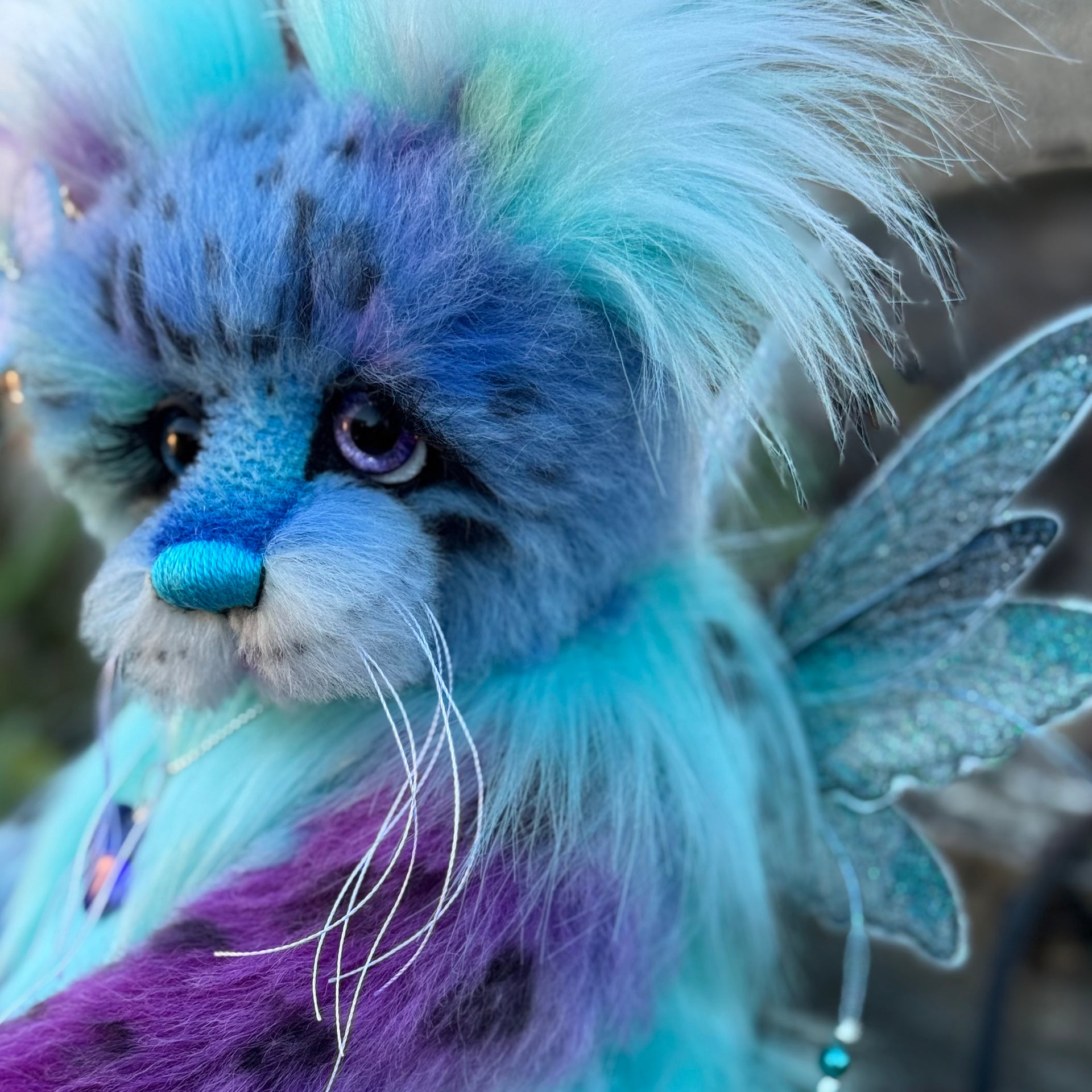 Luna Wisp - 12" hand dyed alpaca and faux fur winged snow leopard fantasy bear by Emmas Bears - OOAK