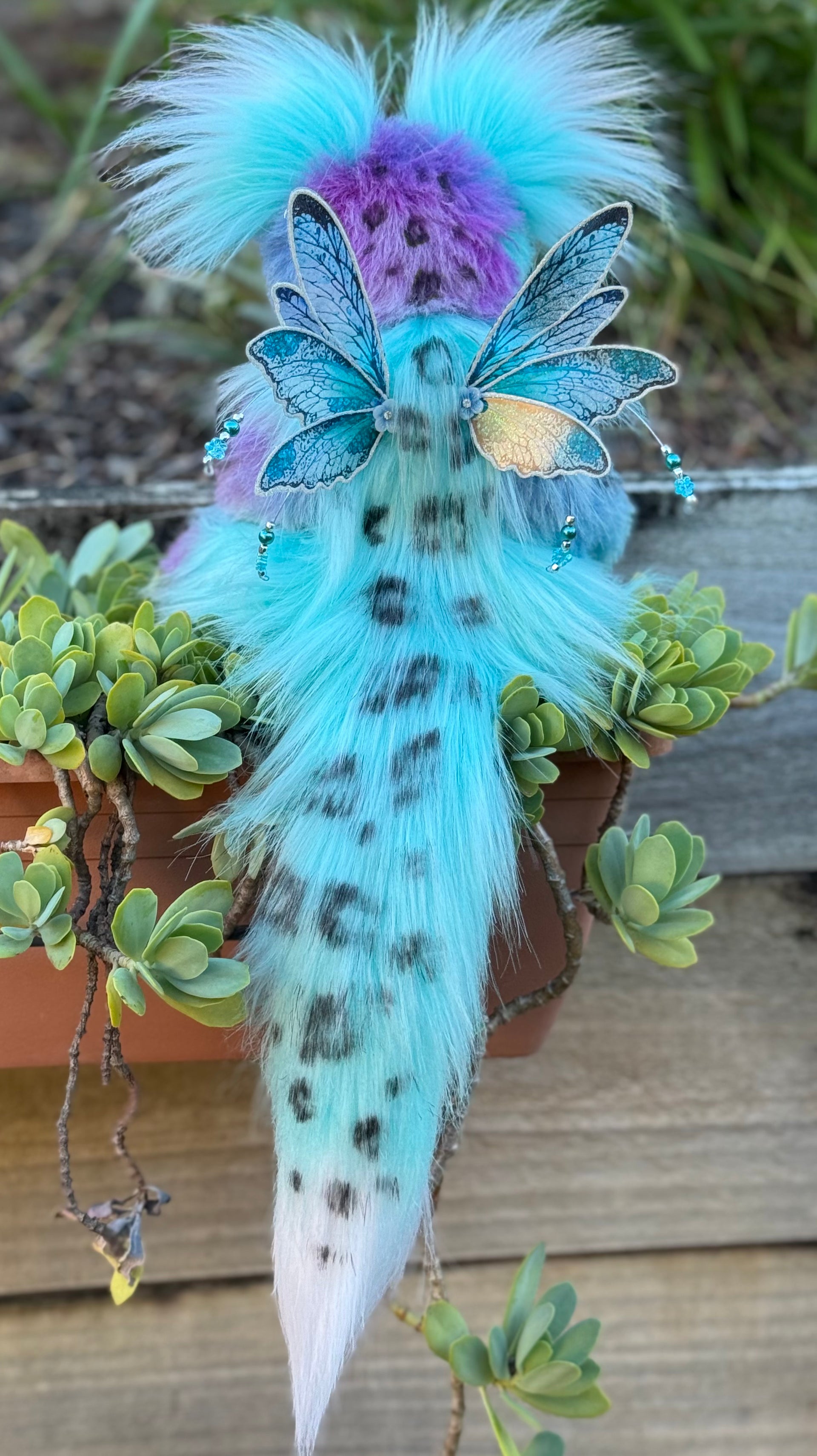 Luna Wisp - 12" hand dyed alpaca and faux fur winged snow leopard fantasy bear by Emmas Bears - OOAK