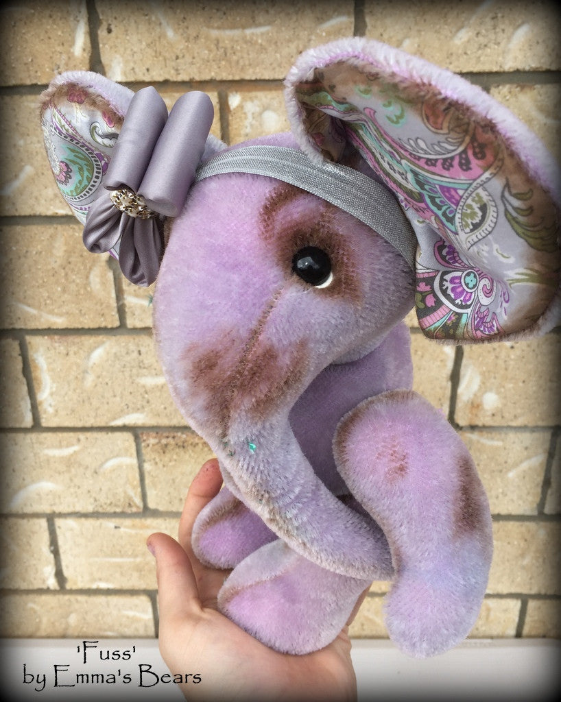 Fuss - 11in hand dyed shabby lilac mohair elephant by Emmas Bears