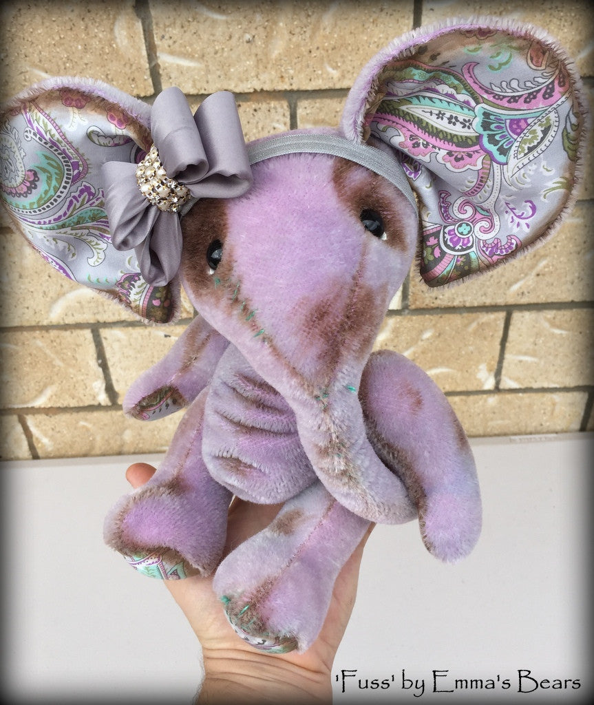 Fuss - 11in hand dyed shabby lilac mohair elephant by Emmas Bears