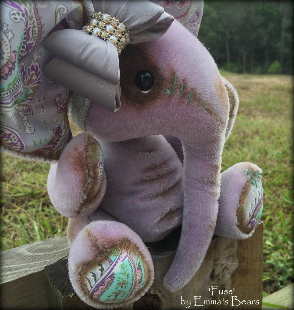 Fuss - 11in hand dyed shabby lilac mohair elephant by Emmas Bears