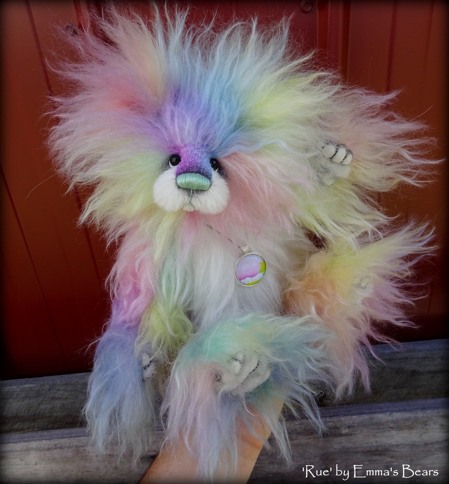 Rue - 11" rainbow long pile mohair bear by Emmas Bears - OOAK