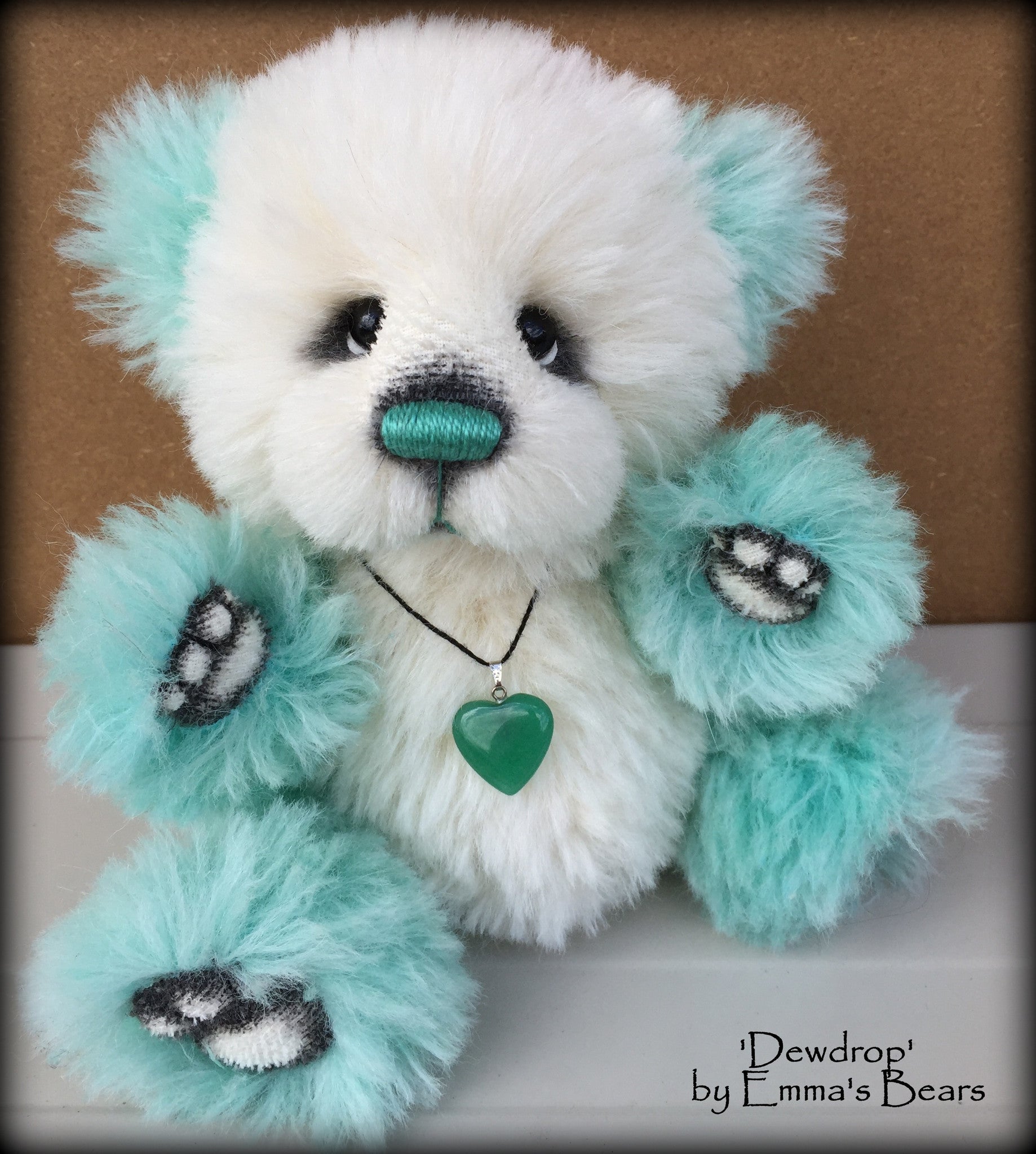 Dewdrop - 9IN aqua and white alpaca bear by Emmas Bears - OOAK